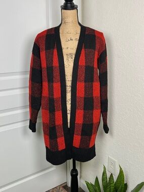 Red and Black Plaid Open Cardigan Sweater